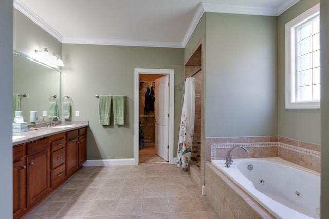 3024 Brookside Path, Murfreesboro, TN 37128 - full bathroom with double vanity, a jetted tub, a stall shower, ornamental molding, and tile patterned floors
