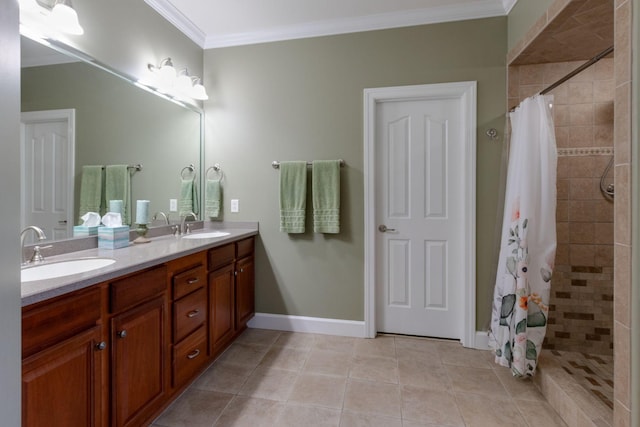 3024 Brookside Path, Murfreesboro, TN 37128 - bathroom featuring double vanity, ornamental molding, a tile shower, tile patterned floors, and baseboards