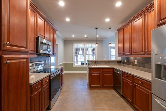 3024 Brookside Path, Murfreesboro, TN 37128 - kitchen with stainless steel appliances, crown molding, a sink, baseboards, and backsplash