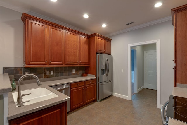3024 Brookside Path, Murfreesboro, TN 37128 - kitchen with appliances with stainless steel finishes, a sink, ornamental molding, decorative backsplash, and brown cabinets