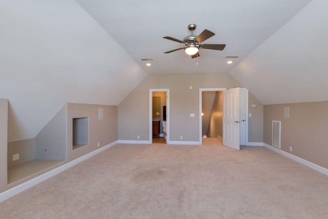 3024 Brookside Path, Murfreesboro, TN 37128 - bonus room with vaulted ceiling, a ceiling fan, baseboards, and light colored carpet