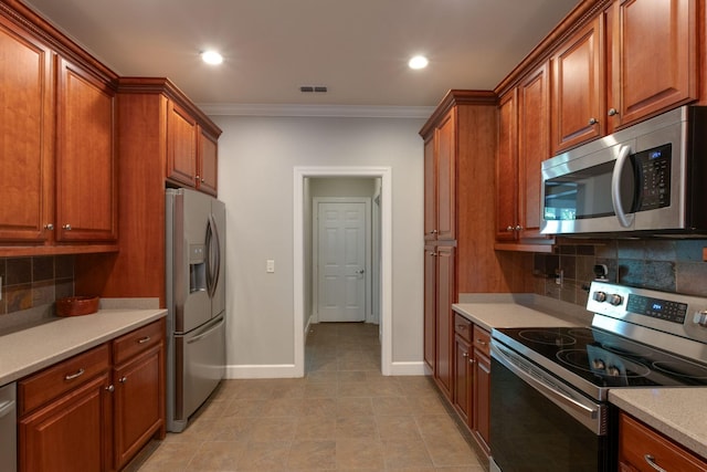 3024 Brookside Path, Murfreesboro, TN 37128 - kitchen featuring appliances with stainless steel finishes, ornamental molding, decorative backsplash, light countertops, and baseboards