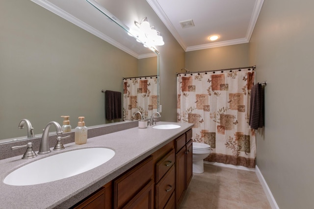 3024 Brookside Path, Murfreesboro, TN 37128 - bathroom with toilet, double vanity, tile patterned flooring, crown molding, and curtained shower