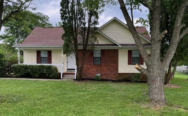 6109 Ebenezer Rd, Greenbrier, TN 37073 - view of front facade featuring crawl space, a front yard, brick siding, a shingled roof, and a porch