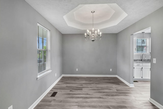 6109 Ebenezer Rd, Greenbrier, TN 37073 - unfurnished dining area featuring healthy amount of natural light, a chandelier, a raised ceiling, wood finished floors, and a textured ceiling