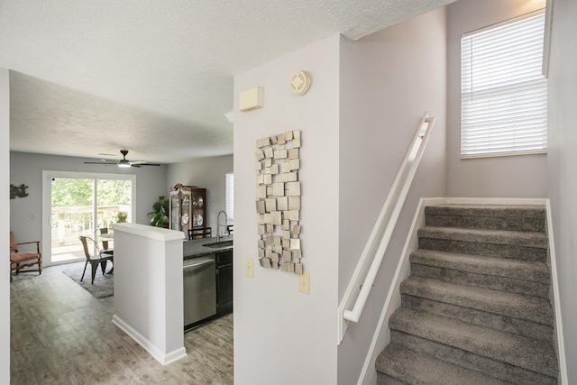 5943 Colchester Dr, Hermitage, TN 37076 - stairs featuring wood finished floors, a ceiling fan, a textured ceiling, and baseboards
