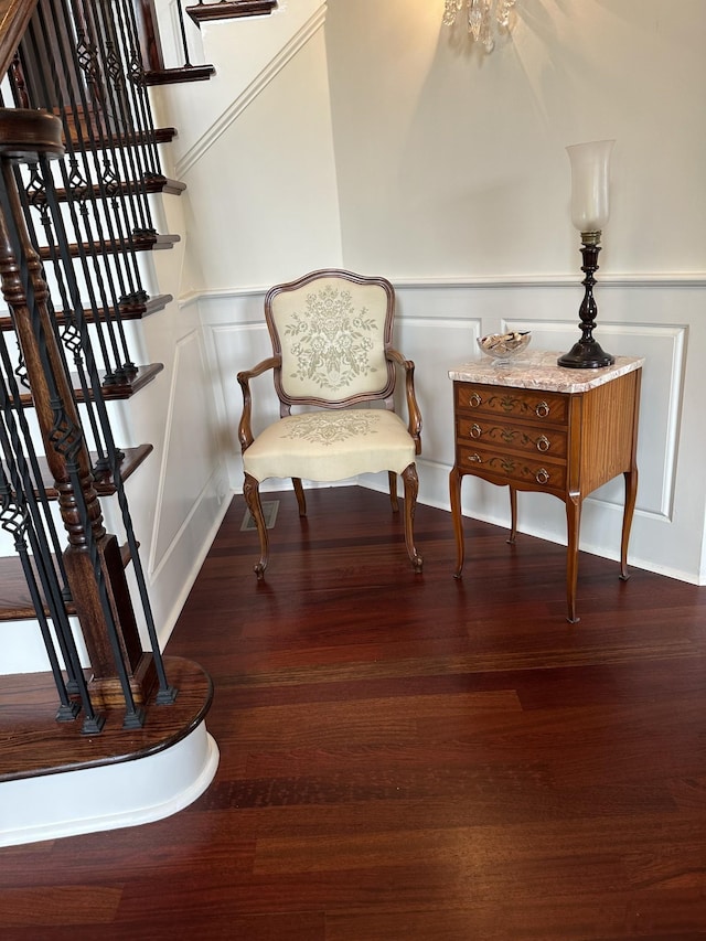 9619 Deer Track Ct, Brentwood, TN 37027 - living area featuring a decorative wall, a wainscoted wall, wood finished floors, stairs, and baseboards