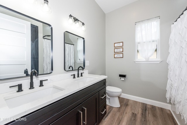 355 Shadows Lawn Dr, Athens, TN 37303 - bathroom with double vanity, wood finished floors, toilet, baseboards, and curtained shower