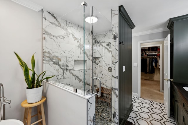 503 Dawn Pl, Lebanon, TN 37087 - bathroom with a marble finish shower, crown molding, a spacious closet, and vanity