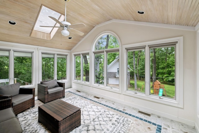 503 Dawn Pl, Lebanon, TN 37087 - sunroom with a ceiling fan, wooden ceiling, lofted ceiling, a skylight, and outdoor lounge area