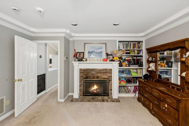 503 Dawn Pl, Lebanon, TN 37087 - carpeted living room featuring a fireplace, crown molding, and baseboards