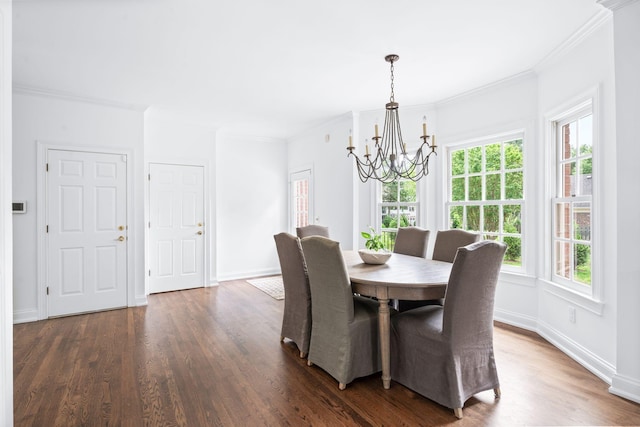 5313 Curlybark Pl, Brentwood, TN 37027 - dining area with a chandelier, crown molding, plenty of natural light, dark wood-style floors, and baseboards
