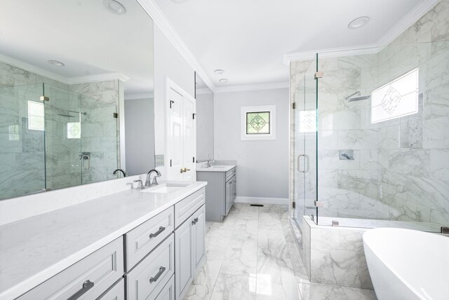 5313 Curlybark Pl, Brentwood, TN 37027 - full bath with healthy amount of natural light, marble finish flooring, a stall shower, and crown molding