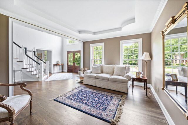 5313 Curlybark Pl, Brentwood, TN 37027 - living room featuring a raised ceiling, stairs, wood finished floors, baseboards, and ornamental molding