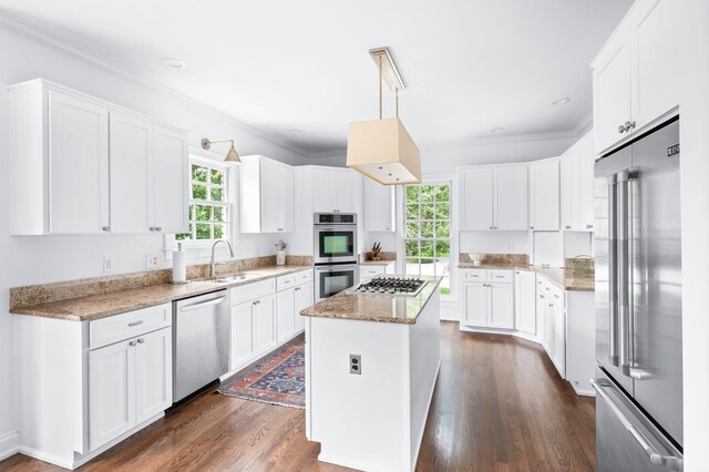 5313 Curlybark Pl, Brentwood, TN 37027 - kitchen featuring stainless steel appliances, a sink, plenty of natural light, a center island, and ornamental molding