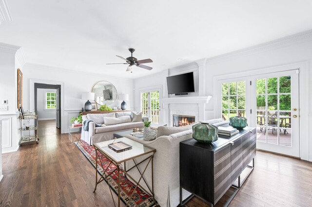 5313 Curlybark Pl, Brentwood, TN 37027 - living room with a ceiling fan, ornamental molding, plenty of natural light, and dark wood finished floors