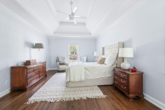 5313 Curlybark Pl, Brentwood, TN 37027 - bedroom featuring a tray ceiling, crown molding, dark wood-type flooring, and baseboards