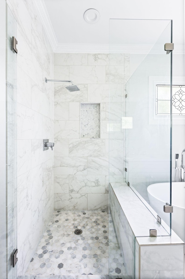 5313 Curlybark Pl, Brentwood, TN 37027 - full bathroom featuring a stall shower, crown molding, and a soaking tub