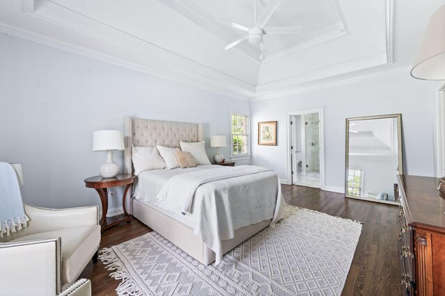 5313 Curlybark Pl, Brentwood, TN 37027 - bedroom featuring a tray ceiling, crown molding, wood finished floors, ensuite bath, and a ceiling fan