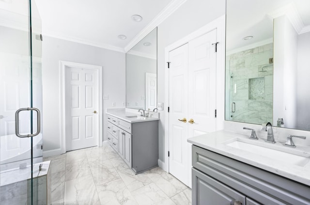 5313 Curlybark Pl, Brentwood, TN 37027 - full bath with crown molding, a shower stall, marble finish flooring, two vanities, and baseboards