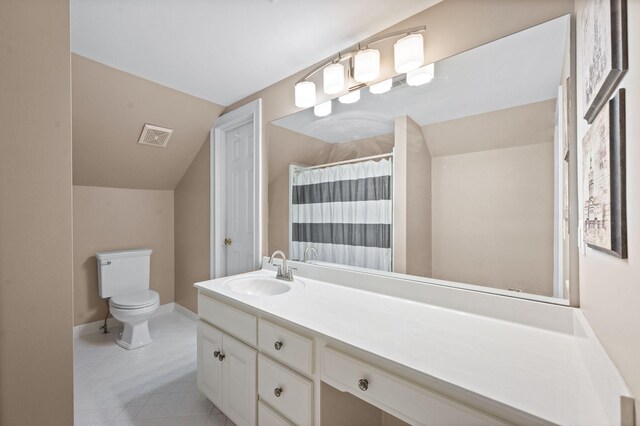 5313 Curlybark Pl, Brentwood, TN 37027 - bathroom featuring toilet, vanity, tile patterned floors, lofted ceiling, and curtained shower