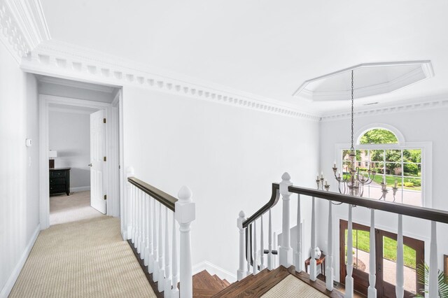 5313 Curlybark Pl, Brentwood, TN 37027 - hall with an upstairs landing, a raised ceiling, crown molding, baseboards, and attic access