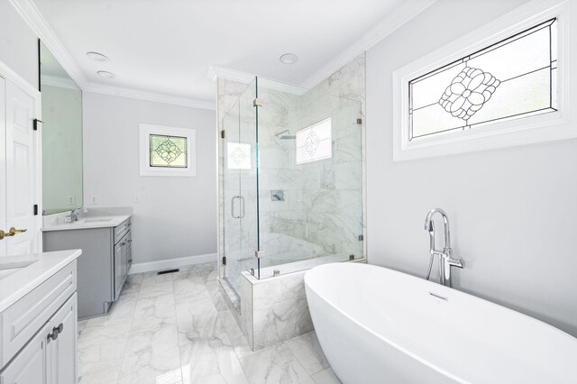 5313 Curlybark Pl, Brentwood, TN 37027 - full bath featuring two vanities, marble finish floors, a shower stall, a freestanding bath, and ornamental molding