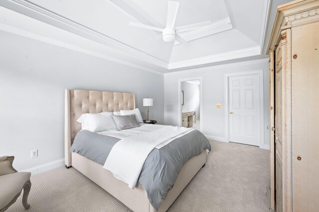 5313 Curlybark Pl, Brentwood, TN 37027 - bedroom featuring light carpet, a tray ceiling, baseboards, ornamental molding, and ensuite bath