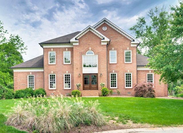 5313 Curlybark Pl, Brentwood, TN 37027 - colonial home featuring french doors, brick siding, a shingled roof, a front lawn, and crawl space