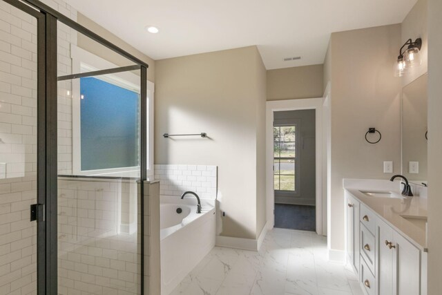 110 Canter Rd, Lascassas, TN 37085 - bathroom with a bath, marble look tiles, vanity, a stall shower, and baseboards