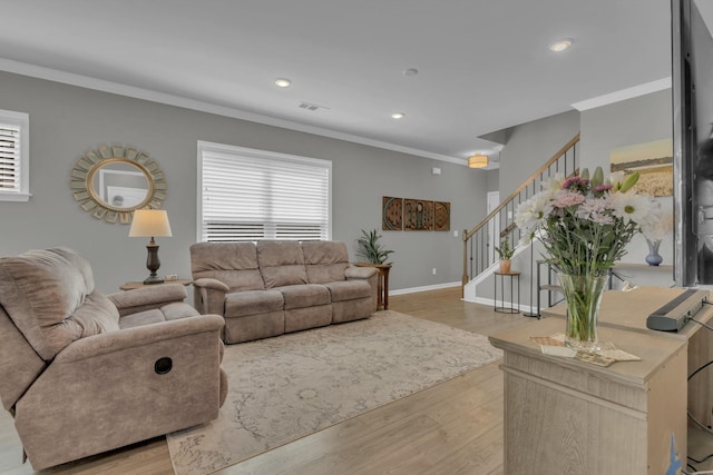 1753 Humphreys Gln, Spring Hill, TN 37174 - living room featuring crown molding, light wood finished floors, stairway, recessed lighting, and healthy amount of natural light
