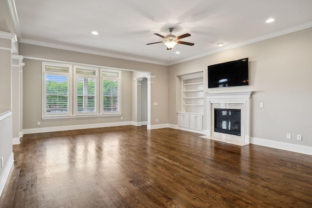 4101 Owen Watkins Ct, Franklin, TN 37067 - unfurnished living room with ceiling fan, ornate columns, wood finished floors, built in features, and a premium fireplace