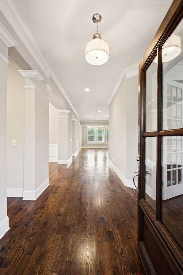 4101 Owen Watkins Ct, Franklin, TN 37067 - corridor with ornate columns, crown molding, wood finished floors, baseboards, and recessed lighting
