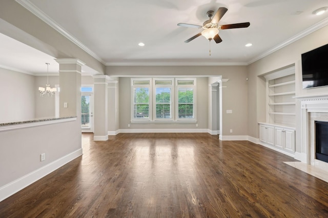 4101 Owen Watkins Ct, Franklin, TN 37067 - unfurnished living room with a fireplace, ornate columns, built in features, a chandelier, and ornamental molding