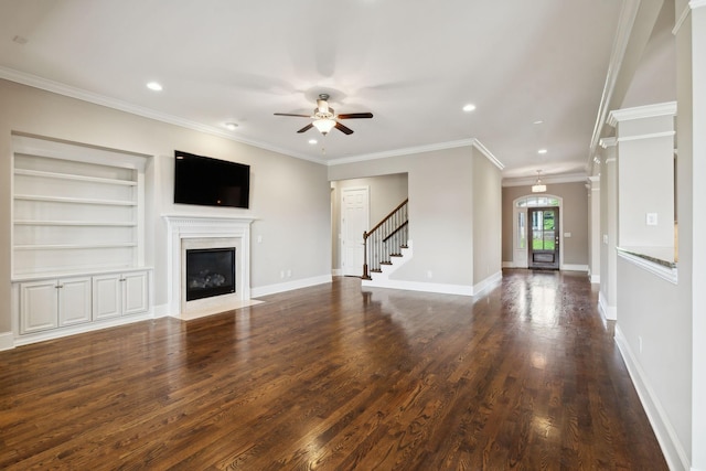 4101 Owen Watkins Ct, Franklin, TN 37067 - unfurnished living room featuring a ceiling fan, dark wood finished floors, a fireplace with flush hearth, recessed lighting, and stairway
