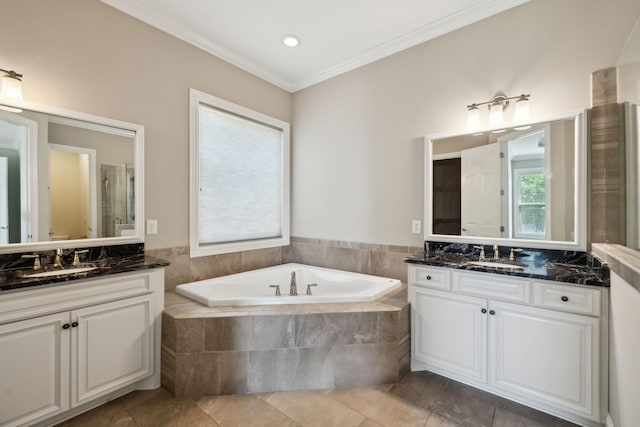 4101 Owen Watkins Ct, Franklin, TN 37067 - full bathroom with a garden tub, two vanities, crown molding, tile patterned flooring, and a shower stall