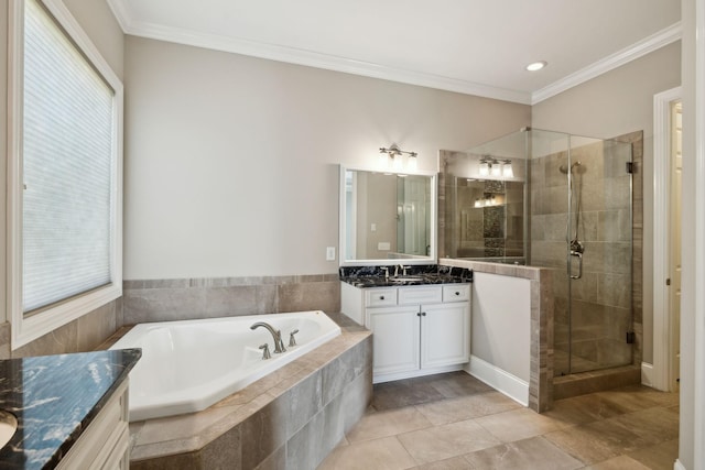 4101 Owen Watkins Ct, Franklin, TN 37067 - full bathroom featuring a shower stall, vanity, a bath, crown molding, and tile patterned flooring