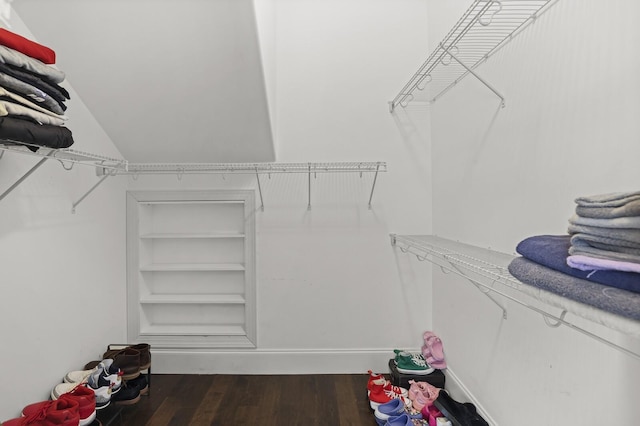 spacious closet featuring wood finished floors and vaulted ceiling