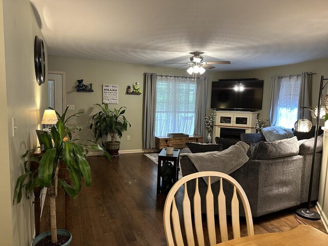 434 Hickman Shores Rd, Dover, TN 37058 - living room featuring a ceiling fan, wood finished floors, baseboards, a fireplace, and a textured ceiling