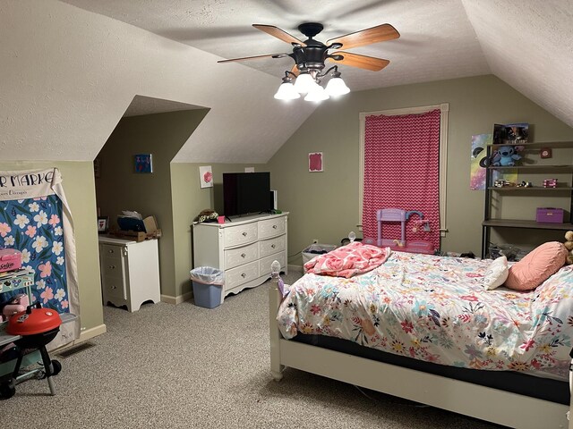 434 Hickman Shores Rd, Dover, TN 37058 - carpeted bedroom featuring lofted ceiling, a textured ceiling, and a ceiling fan