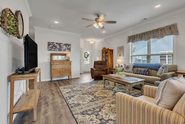 1514 Bledsoe Knl, Spring Hill, TN 37174 - living room with ceiling fan, ornamental molding, wood finished floors, recessed lighting, and baseboards