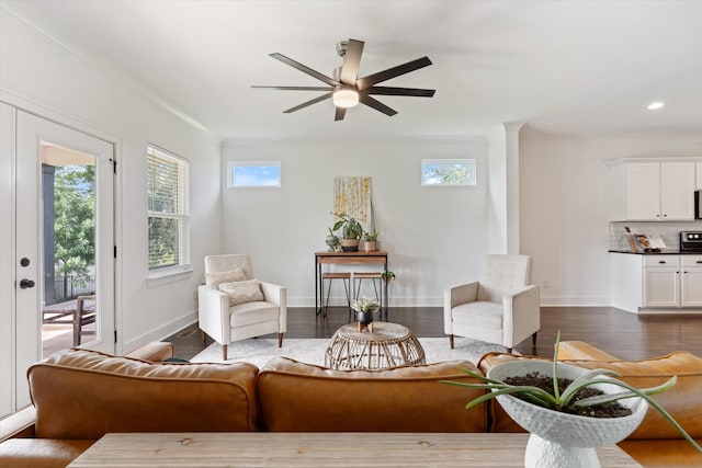1412 Barrett Dr, Mount Juliet, TN 37122 - living area featuring ceiling fan, dark wood-style flooring, crown molding, and baseboards