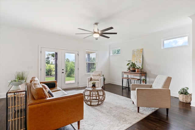 1412 Barrett Dr, Mount Juliet, TN 37122 - living area featuring a ceiling fan, dark wood-type flooring, baseboards, and french doors