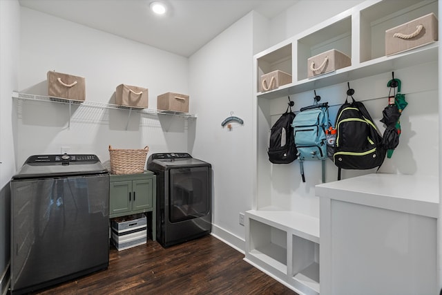 1412 Barrett Dr, Mount Juliet, TN 37122 - laundry room featuring washer and dryer, dark wood-style floors, cabinet space, baseboards, and recessed lighting