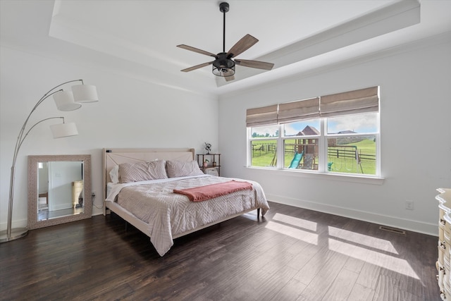 1412 Barrett Dr, Mount Juliet, TN 37122 - bedroom with a raised ceiling, dark wood finished floors, baseboards, and a ceiling fan