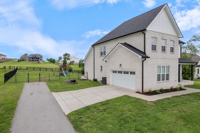 1412 Barrett Dr, Mount Juliet, TN 37122 - view of side of home featuring driveway, brick siding, board and batten siding, and a playground