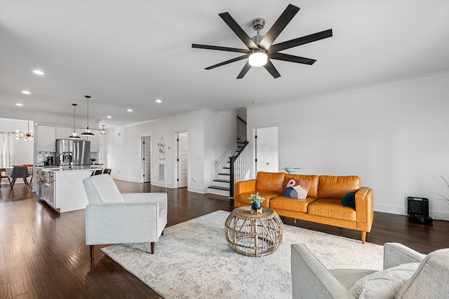 1412 Barrett Dr, Mount Juliet, TN 37122 - living area featuring stairs, ornamental molding, recessed lighting, dark wood-type flooring, and a ceiling fan