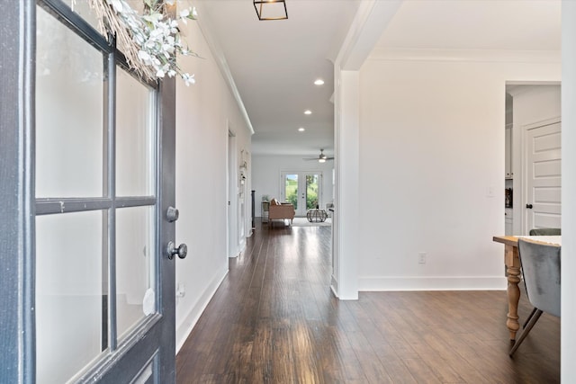 1412 Barrett Dr, Mount Juliet, TN 37122 - foyer entrance featuring recessed lighting, ornamental molding, dark wood-style floors, baseboards, and ceiling fan