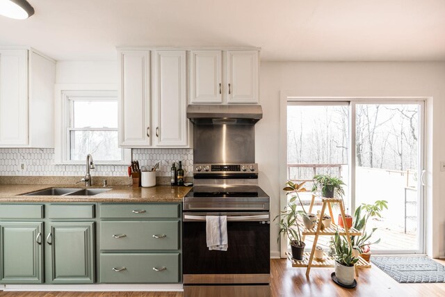 1114 Kingston Springs Rd, Kingston Springs, TN 37082 - kitchen featuring electric stove, green cabinets, under cabinet range hood, a sink, and white cabinetry