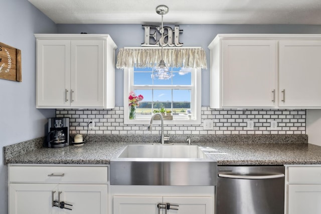1014 Gill Hodges Rd, Portland, TN 37148 - kitchen with dishwasher, a sink, backsplash, white cabinetry, and decorative light fixtures